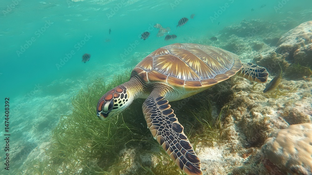 Fototapeta premium A young sea turtle explores a coral reef, nibbling on seagrass while small reef fish swim playfully around its shell.
