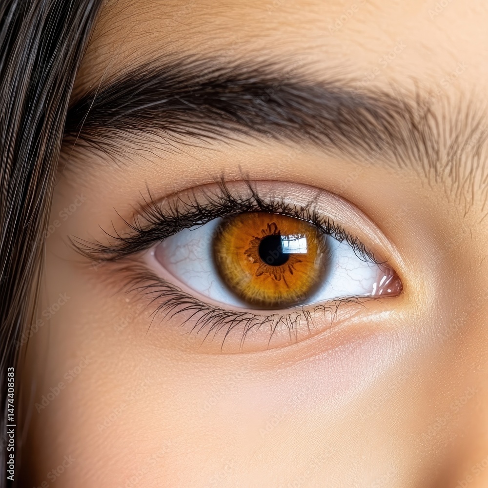 Obraz premium Close Up of Amber Eye with Long Lashes and Shimmery Makeup