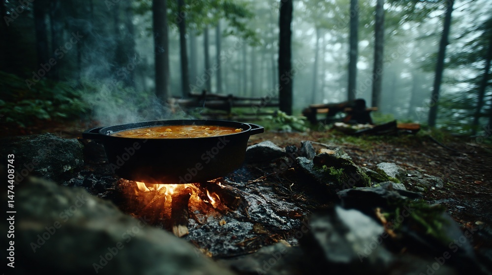 Campfire Cooking in Misty Forest Campfire Cooking in Misty Forest