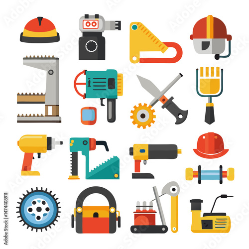 Collection of colorful construction tools in flat cartoon style
