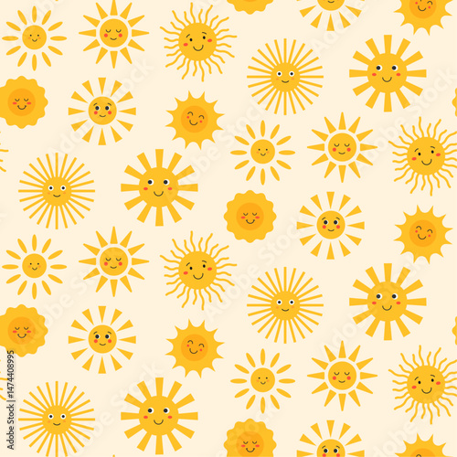 Seamless pattern with cute sun, doodle. Smiling sun, funny summer sunshine. Summer positive children's pattern. Print for kids fabric, textiles.