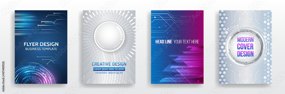 Fototapeta premium Set of high-tech abstract flyer templates featuring circuit boards, hexagonal elements, radial lines and glowing highlights. Ideal for technology events, digital presentations and futuristic concepts.