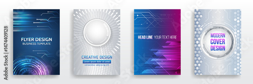 Set of high-tech abstract flyer templates featuring circuit boards, hexagonal elements, radial lines and glowing highlights. Ideal for technology events, digital presentations and futuristic concepts.