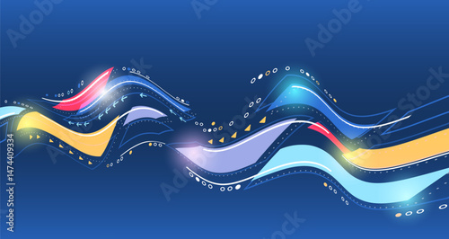 Abstraction of data transfer, network connection and advanced digital technologies. Technological background with dynamic smooth lines, colorful geometric shapes and arrows in different directions.