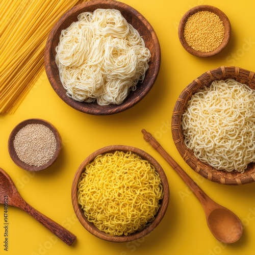 Various types of asian noodles in wooden bowls on yellow background overhead studio shot of spaghetti ramen and udon photo