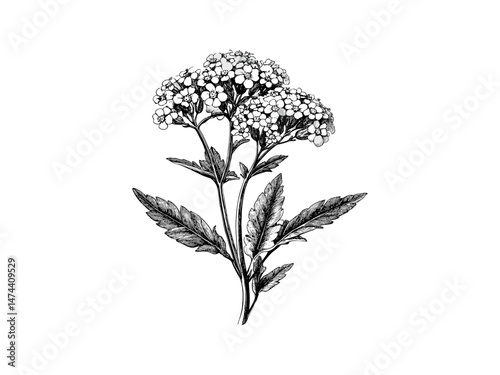 Antique floral illustration of single yarrow flower, hand-drawn engraving, trendy rustic motif, vintage botanical sketch, summer spring garden, black sketch, old engraving