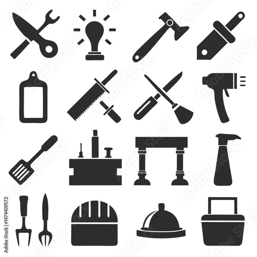 Collection of various tools and objects in black silhouette