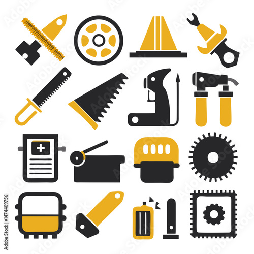 Black and yellow construction tools flat illustration collage vector