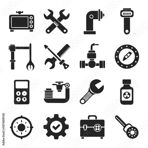 Black and white set of various tools and equipment icons