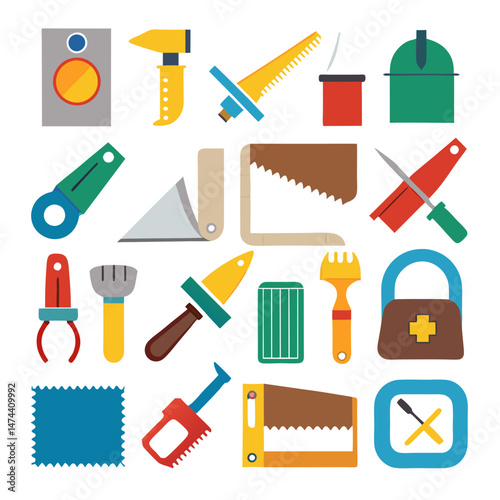 Colorful collection of various DIY hand tools on white