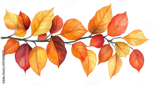 Watercolor autumnal leaves on a branch PNG transparent background illustration