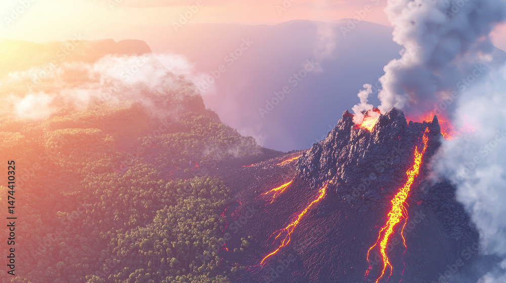 Fototapeta premium Stunning volcanic landscape with flowing lava, smoke, and lush greenery surrounding mountain, creating dramatic scene