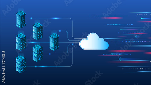 Isometric cloud computing concept with server data centers connected to a cloud. Digital data transfer and storage technology illustration in a futuristic style.