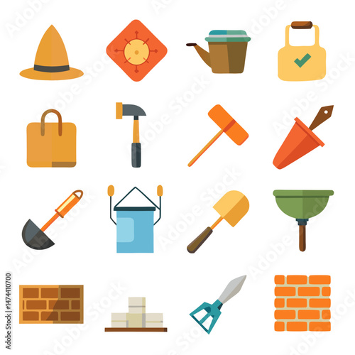 Collection of construction work equipment and material icons
