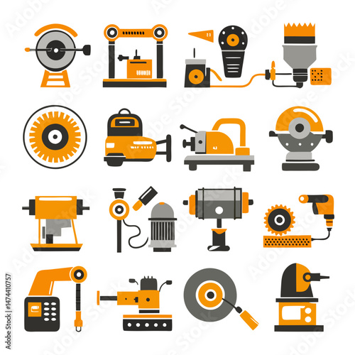 Collection of various industrial machines and tools icons