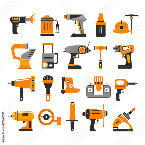 Collection of construction and industrial tools in a modern style