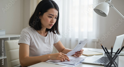 Woman looking at unpaid bills, feeling concerned, sitting at a desk  