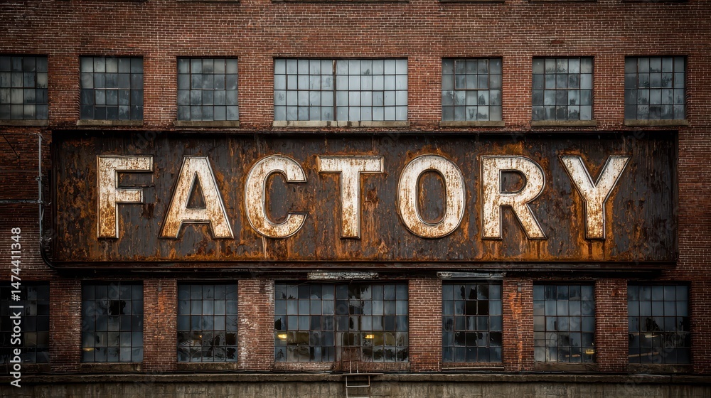 Obraz premium The view captures a weathered industrial building featuring rusted siding and a prominent, aged FACTORY sign, highlighting the decline of local manufacturing in an urban setting