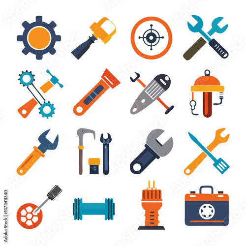 Colorful flat design collection of maintenance service and repair tools