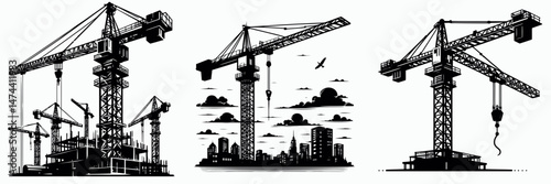 Tower Crane. Construction Tools Builder Repair Renovation Worker Clipart Line Art Vector Illustration. Vertical hoist machinery for tall building development project.