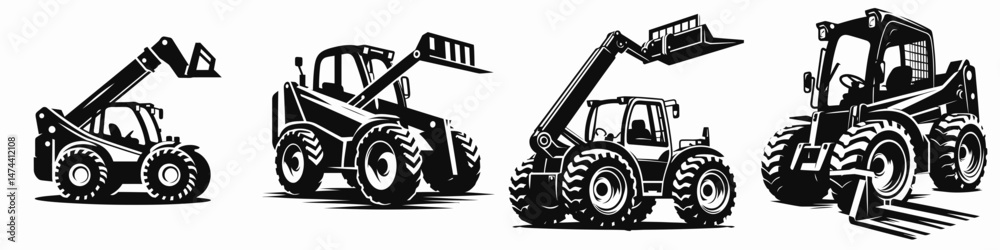 Naklejka premium Telehandler. Construction Tools Builder Repair Renovation Worker Clipart Line Art Vector Illustration. Telescopic handler operation lift equipment for material handling and elevation.