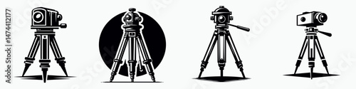 Survey Tripod. Construction Tools Builder Repair Renovation Worker Clipart Line Art Vector Illustration. Instrument mount for field measurement surveying equipment stand stable support.
