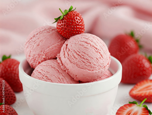 Close-up of a white bowl filled with three scoops of strawberries creamy ice cream, garnished with a fresh strawberry fruit slices