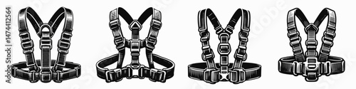Safety Harness. Construction Tools Builder Repair Renovation Worker Clipart Line Art Vector Illustration. Fall protection gear ensure jobsite security with personal device.