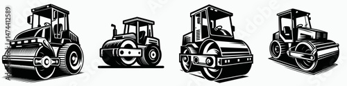 Road Roller. Construction Tools Builder Repair Renovation Worker Clipart Line Art Vector Illustration. Asphalt compression equipment industrial paving machine for surface compacting.
