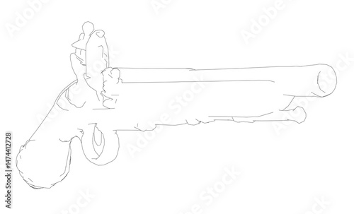 A gun is drawn in black and white. The gun is a pistol and is pointed at the right side of the image