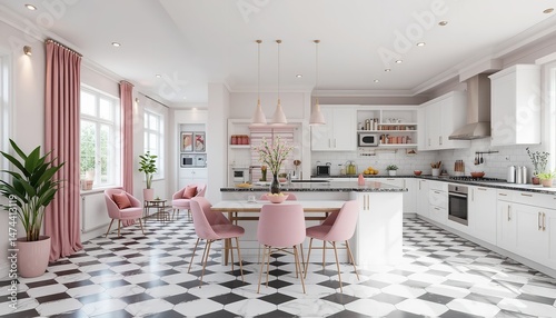 Open space kitchen and dining room with black and white tiles on the floor, white furniture and pink accessories.