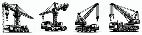Mobile Crane. Construction Tools Builder Repair Renovation Worker Clipart Line Art Vector Illustration. Portable hoist machinery rigging equipment for heavy relocation task.