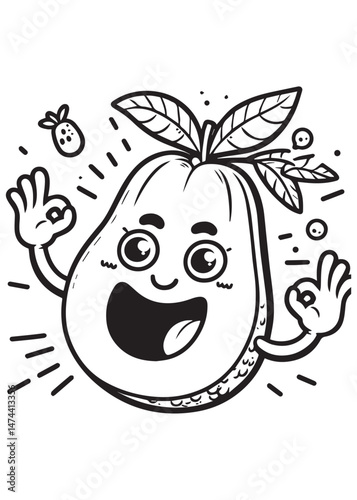 Coloring book papaya giving 'okay' signs with a tiny berry friend.