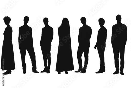 Silhouette Group: A diverse collection of human silhouettes, each posing individually, stands in sharp contrast. Capturing a spectrum of forms and figures, and a sense of anonymity.