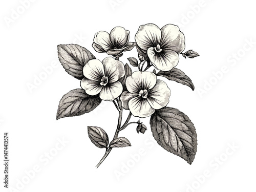 Vintage violet flower cluster, hand-drawn botanical sketch, black ink floral illustration, antique engraving style, retro nature print, aesthetic wildflower drawing, botanical wall art,