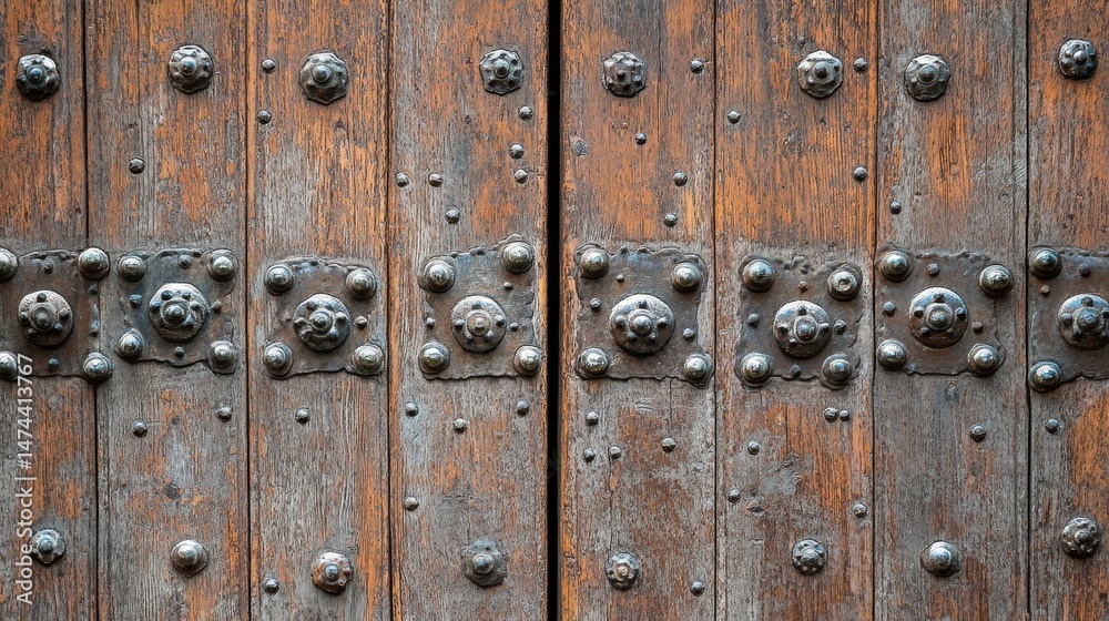 Fototapeta premium An ancient mosque door made of weathered wood, adorned with ornate metal studs and carvings.