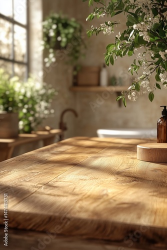 Wooden table illuminating by sunlight with blurred bathroom background, including plants and flowers, creating a peaceful and natural atmosphere