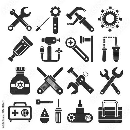Monochromatic construction tools and equipment icons set on white