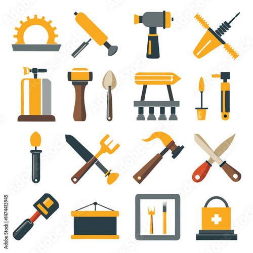 Flat style icons showing a variety of construction equipment