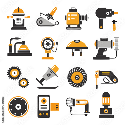 Collection of industrial machines and tools vector icons