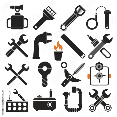 Black and white tools and equipment icons collage