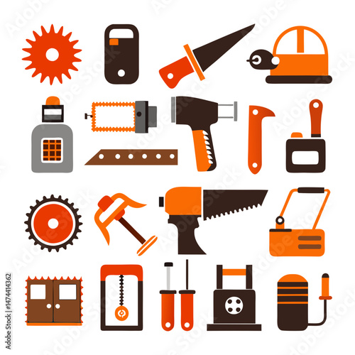 Set of repair tools icons in orange and brown tones