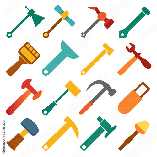 Colorful flat design tool icon set on white backdrop