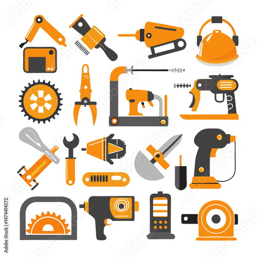 Orange and gray construction tools organized neatly on white backdrop