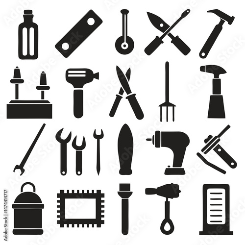 Monochrome collection of repair and construction tool icons