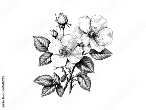 Hand-drawn wild rose branch, vintage botanical sketch, antique engraving floral art, decorative plant motif, old garden illustration, black ink rose drawing,