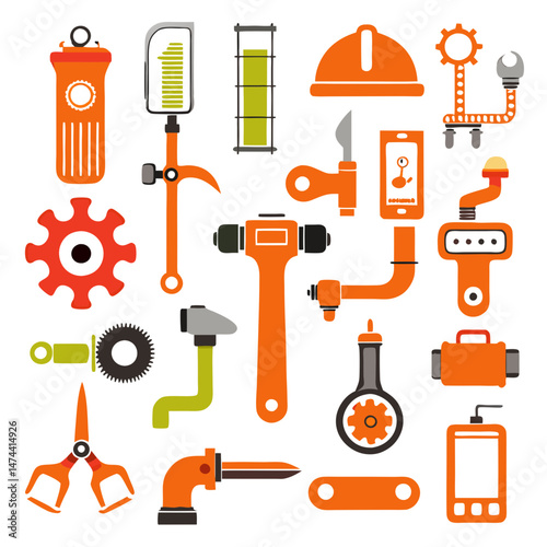 Industrial tools and machinery flat design on white background