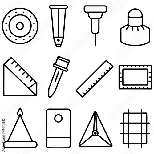 Collection of outline drawing scientific and mathematical tools and objects