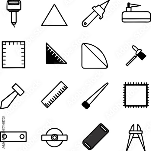 Line art construction tools icons organized in simple grid