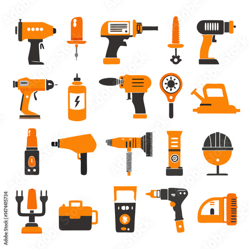 Collection of isolated construction tools in black and orange